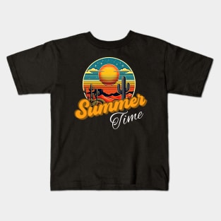 Summer time, sunset retro and cactus design for dark colors Kids T-Shirt